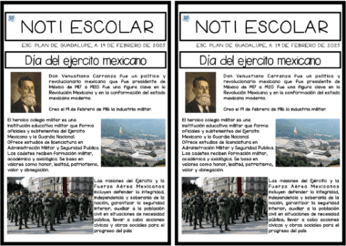 Dos boletines idénticos titulados "Noti Escolar" con el tema "Día del ejército mexicano". Presentan un retrato de Don Venustiano Carranza, una descripción de la creación del ejército y una imagen de soldados marchando en formación.